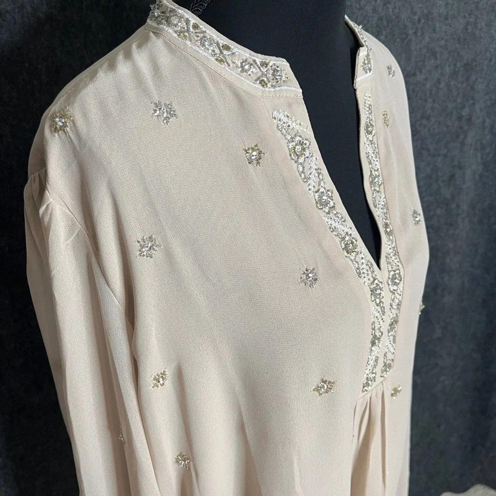 Chicos Beaded Boho Tunic Blouse Beige Champagne Sequin Top Size 3 XL 16/18